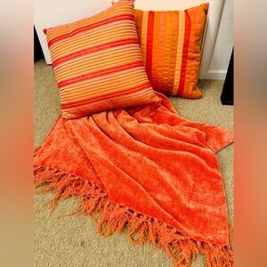 Cost Plus World Market Orange and Red Striped Pillow Set w/Soft Throw